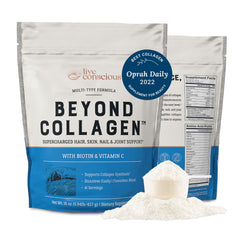 Live Conscious Beyond Collagen powder jar closeup promoting skin, hair, and nails