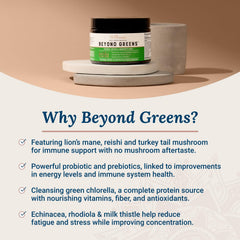 Live Conscious Beyond Greens label close-up highlighting chlorella and probiotics.