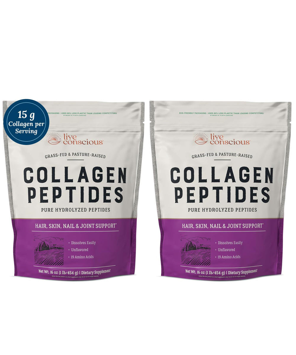 Live Conscious Collagen Peptides bottle with scoop supports skin and hair.