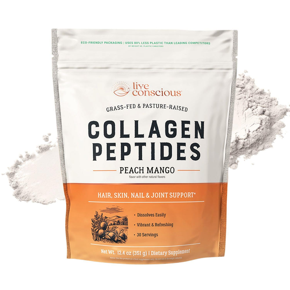 Live Conscious Collagen Peptides Peach Mango tub for daily skin, hair, and nails support.