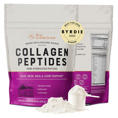 Live Conscious collagen powder bottle closeup highlighting grass-fed peptides for healthier-looking skin and hair