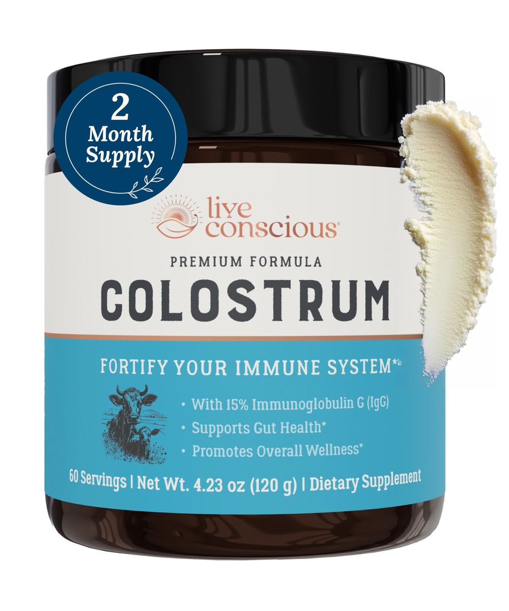 Live Conscious Colostrum Powder tub front for daily gut support