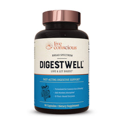 Live Conscious DigestWell bottle being poured to illustrate fast-acting digestive support after meals.