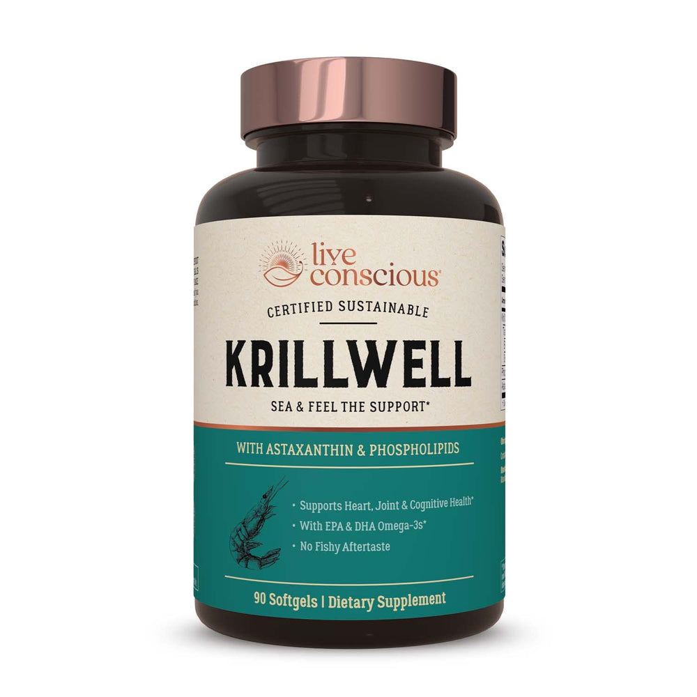 Live Conscious KrillWell bottle and pour showing easy-to-swallow capsules for daily omega-3.