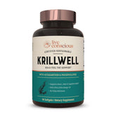 Live Conscious KrillWell bottle and pour showing easy-to-swallow capsules for daily omega-3.