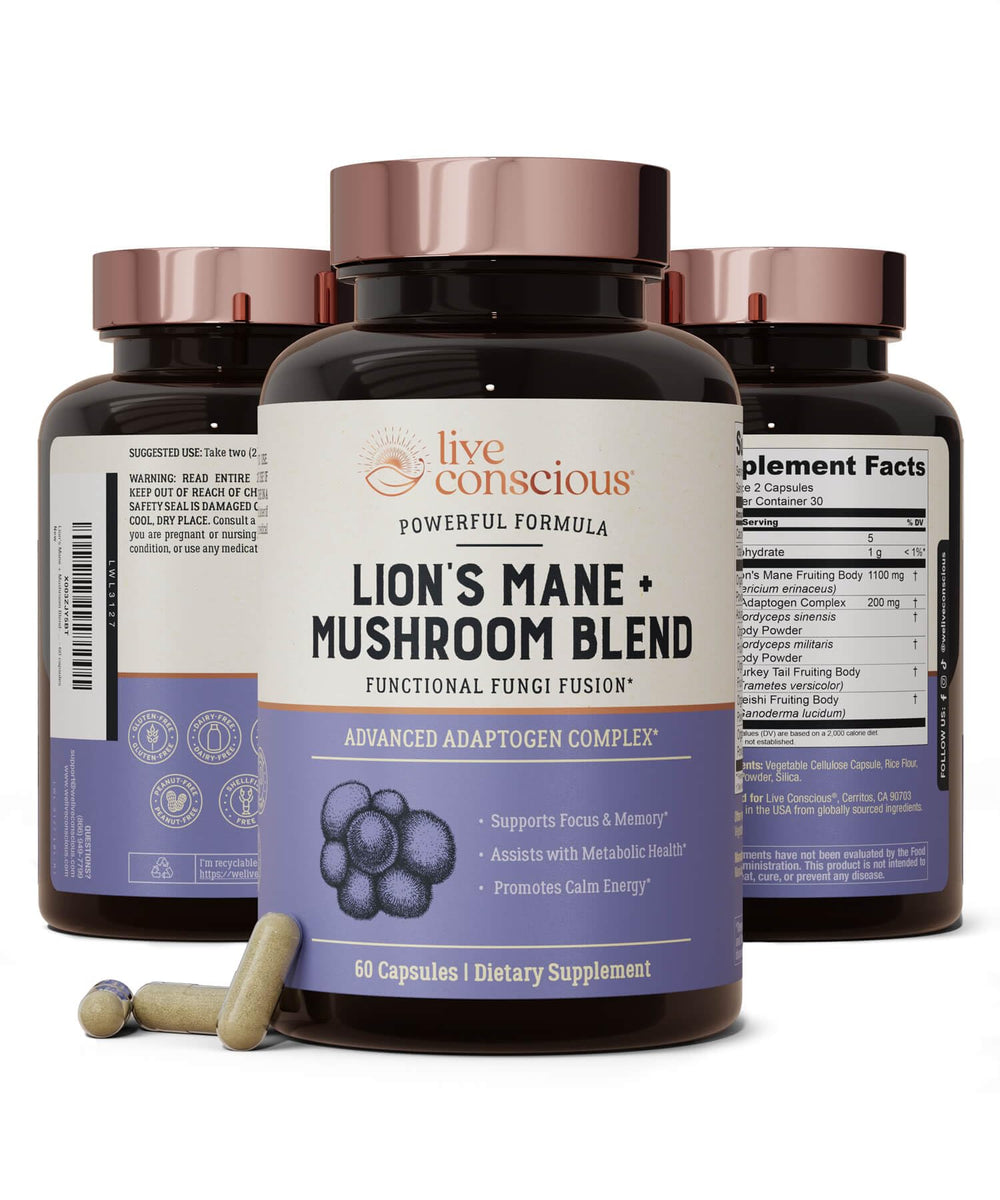 Live Conscious Lions Mane bottle showcases brain support and daily focus.