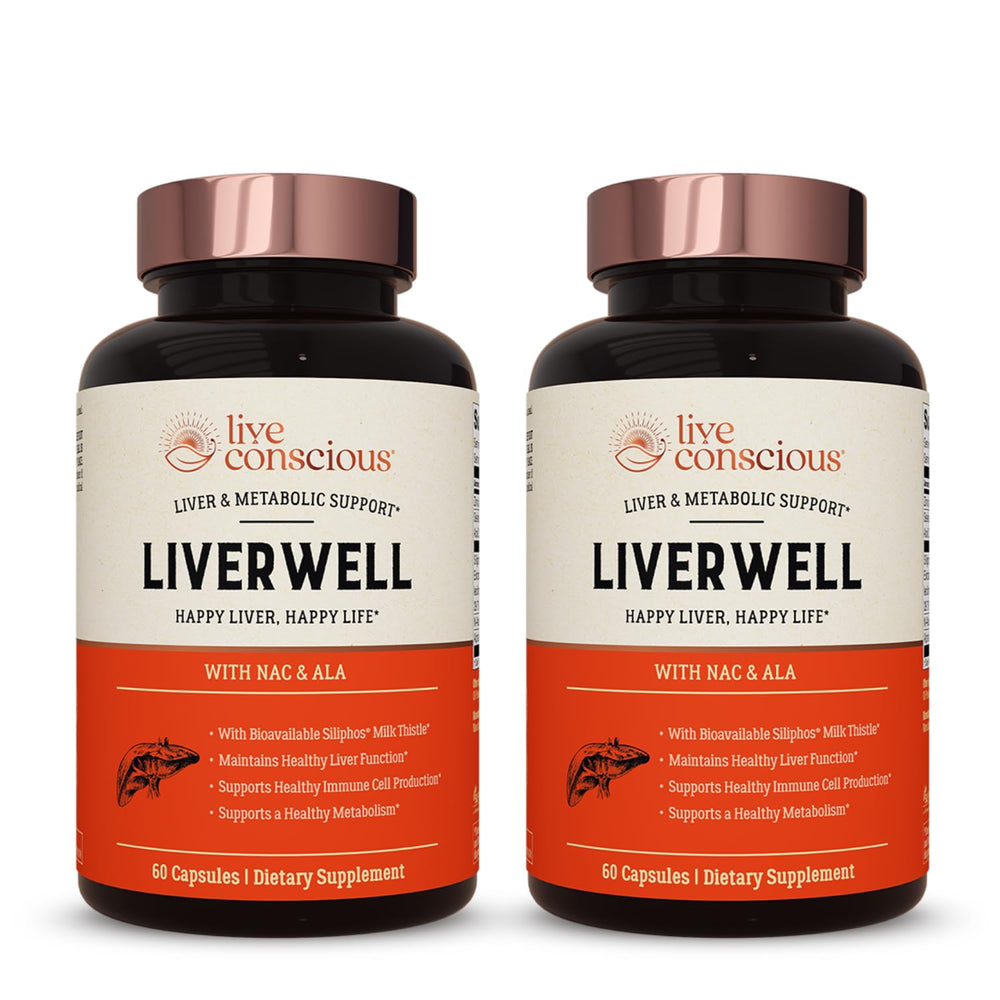 Live Conscious LiverWell bottle closeup highlighting packaging for liver support.