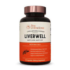 Live Conscious LiverWell bottle front showing label and capsules for liver support