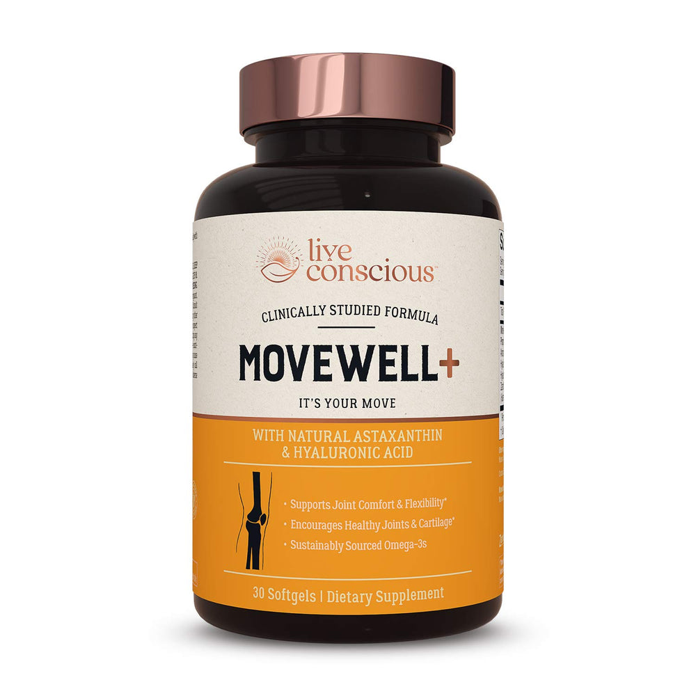 Live Conscious MoveWell Plus bottle with Antarctic krill oil suggesting joint support.