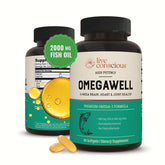 Live Conscious OmegaWell bottle front with burpless omega-3 softgels for daily use.