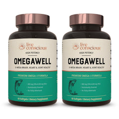 Live Conscious OmegaWell bottle front showing 60 softgels for daily Omega-3 support