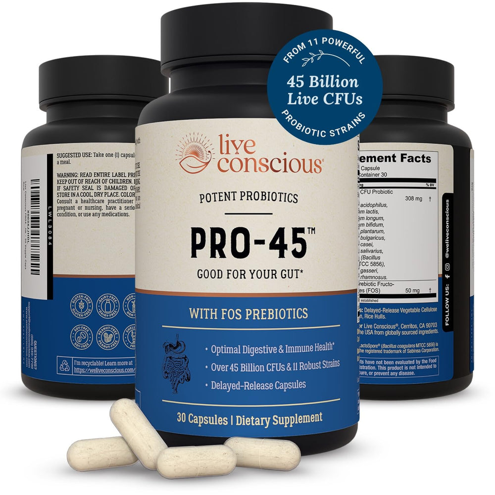 Live Conscious PRO45 bottle front showing dairy-free probiotic formula for daily gut support.