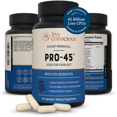 Live Conscious PRO45 bottle front showing dairy-free probiotic formula for daily gut support.