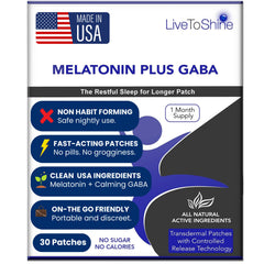 Live To Shine melatonin patches pack front showing USA-made quality and sleep support