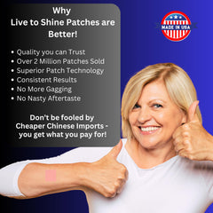 Hands applying a Live To Shine patch highlighting easy peel-and-stick convenience