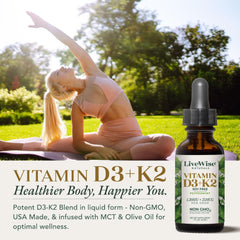 Live Wise Naturals D3+K2 liquid dropper delivering precise daily dose for immune support.