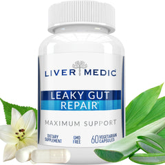 Liver Medic Leaky Gut Repair bottle-front shows label and capsules for digestive support.