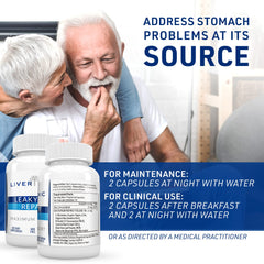 Liver Medic Leaky Gut Repair ingredient-glossary shows glutamine and herbs for soothing digestive comfort.