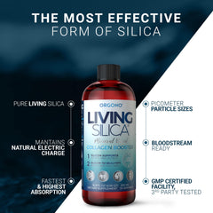 Living Silica bottle label shows vegan, GMO-free formulation for beauty and mobility.