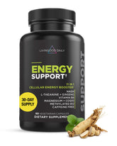 Livingood Daily Energy Support bottle with capsules for steady, caffeine-free energy.