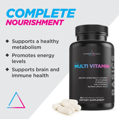 Closeup of Livingood Daily methylated multivitamin capsules highlighting essential nutrients.