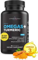 Livingood Daily Omega-3-6-9 Plus Turmeric bottle emphasizes heart health and mental wellness potential