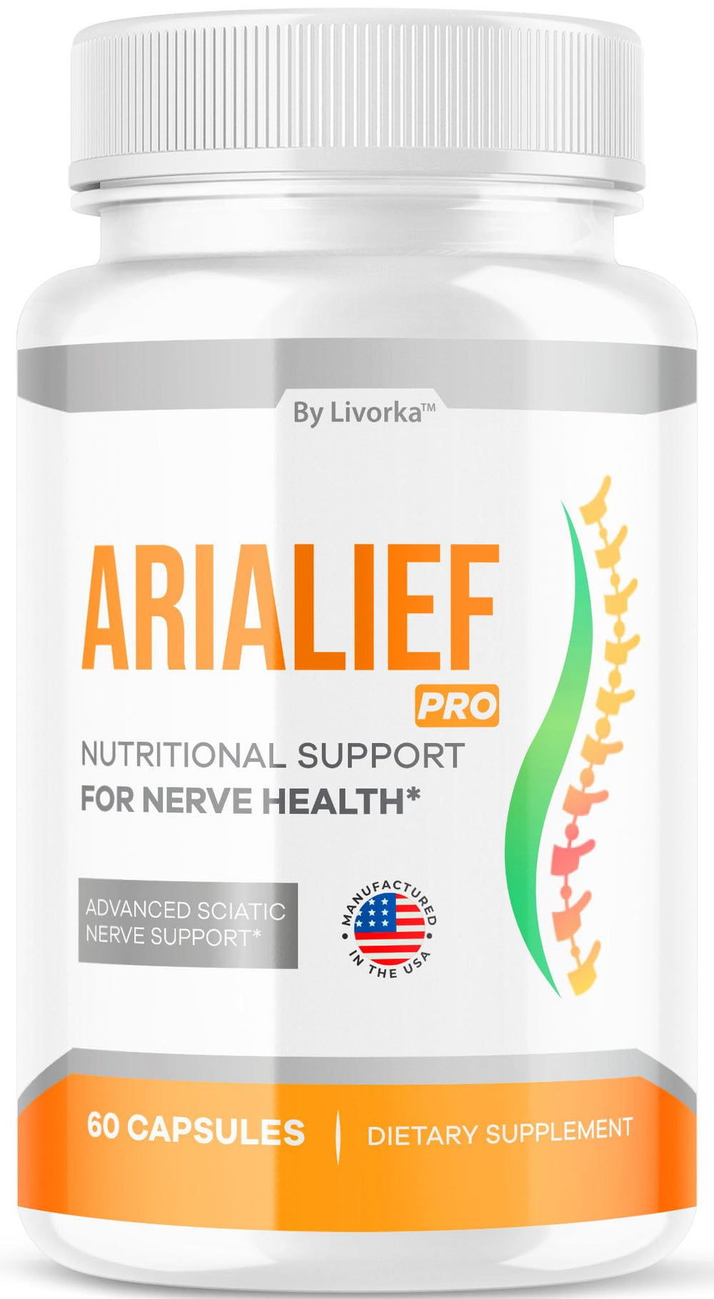 LIVORKA Arialief Pro capsules bottle highlights nerve health support for daily wellness.