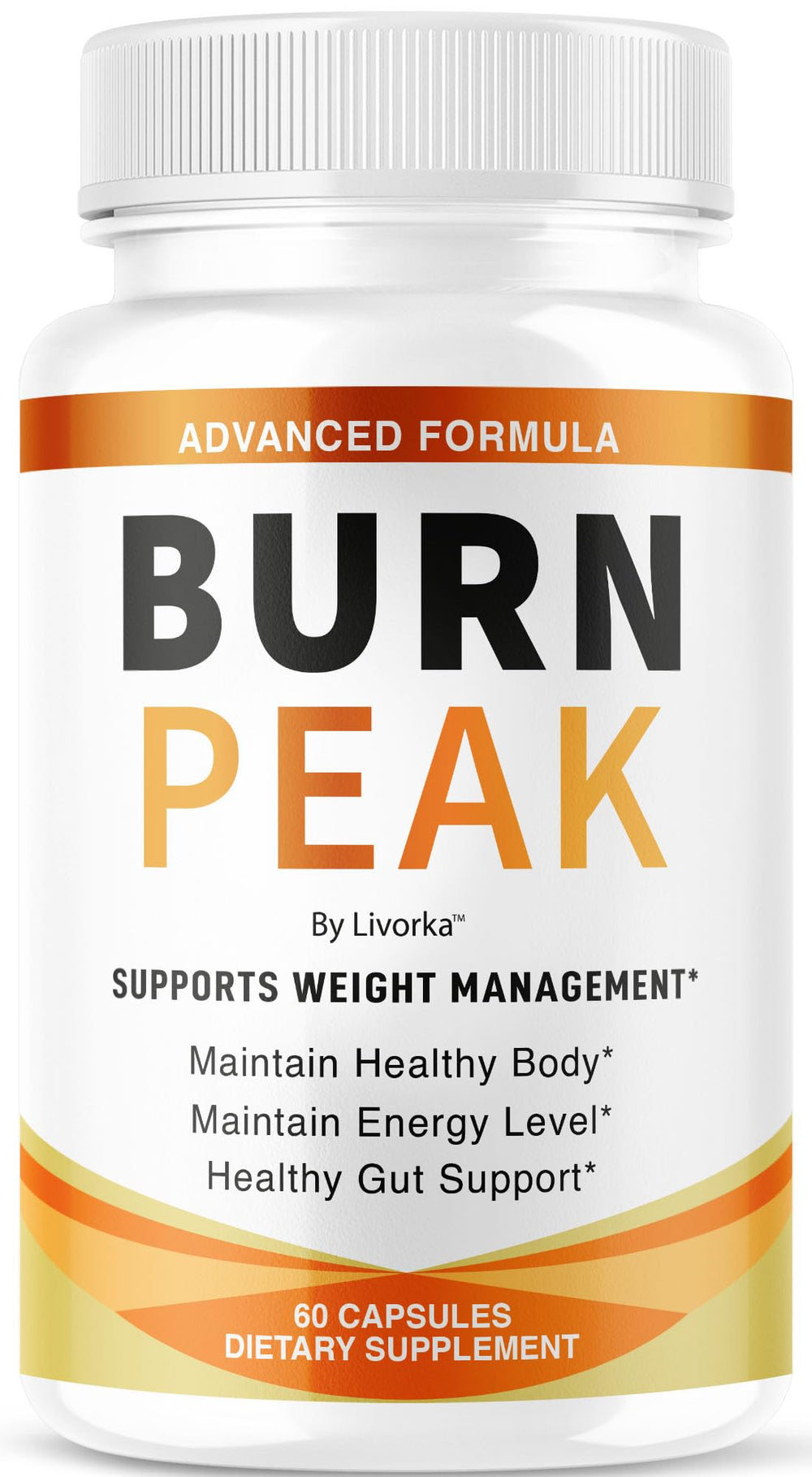 LIVORKA Burn Peak bottle front, premium wellness support for daily energy