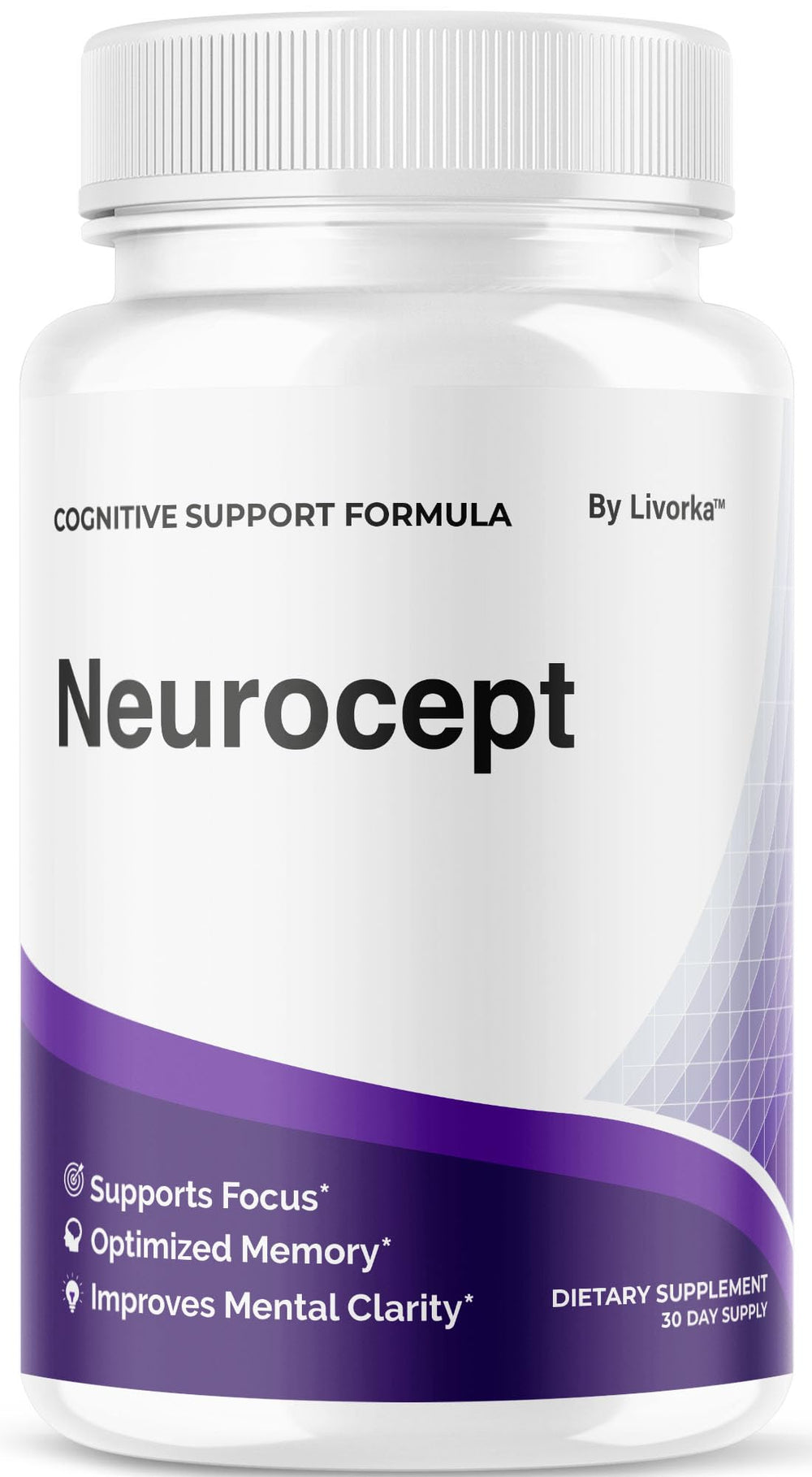 LIVORKA Neurocept bottle front with sleek packaging for daily cognitive support.