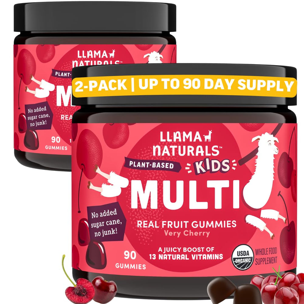 Llama Naturals Kids Multivitamin Gummies bottle with cherry flavor for daily immune support.