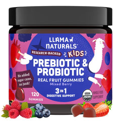 Llama Naturals Kids Probiotic bottle with mixed berry gummies for daily gut support