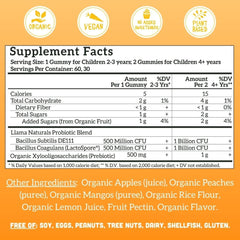 Llama Naturals Kids Probiotic gummies on label, vegan and allergen-free.