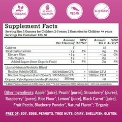 Llama Naturals Kids Probiotic bottle highlights Organic XOS prebiotic