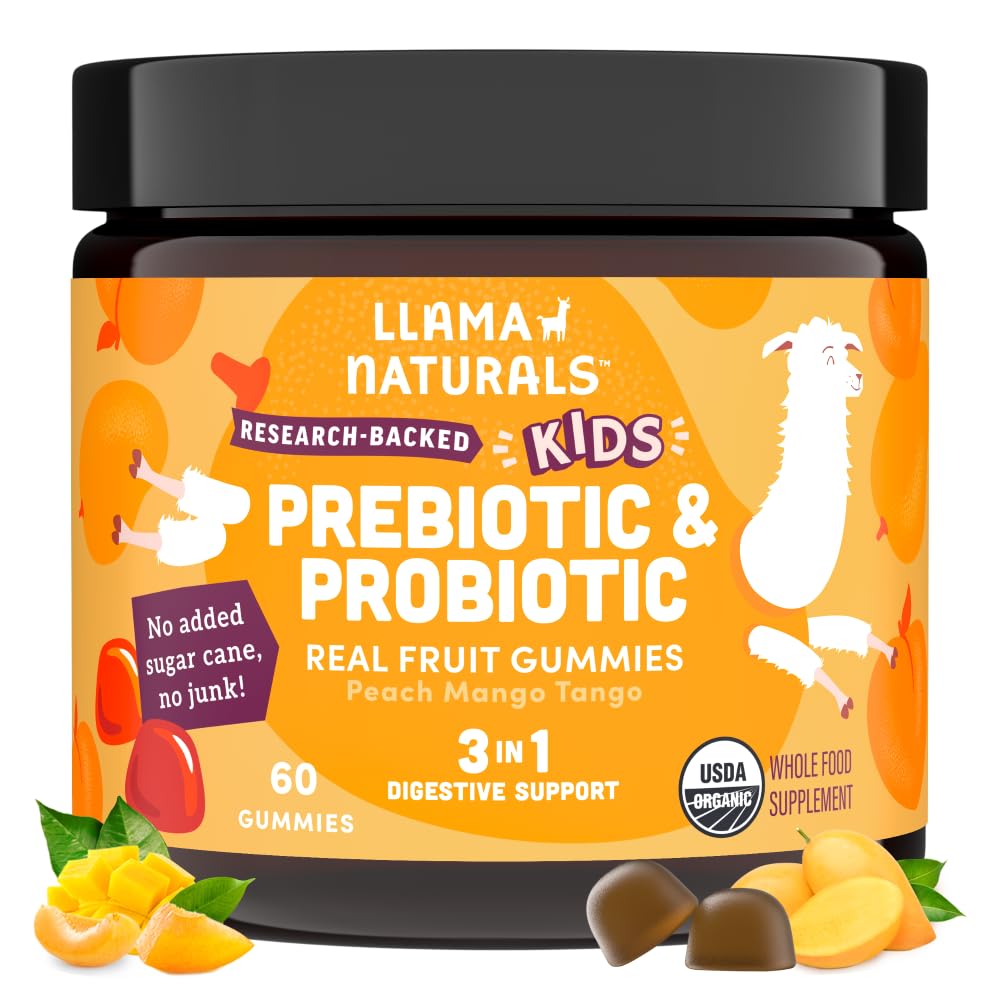 Llama Naturals Kids Probiotic peach mango gummies in bottle; tasty gut support.