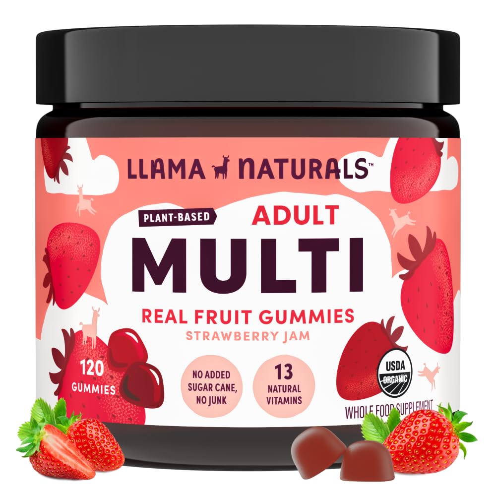 Llama Naturals multivitamin bottle with strawberry gummies supports daily wellness.