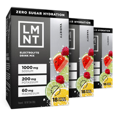Drink LMNT zero sugar variety pack box with 54 electrolyte sticks for on-the-go hydration.