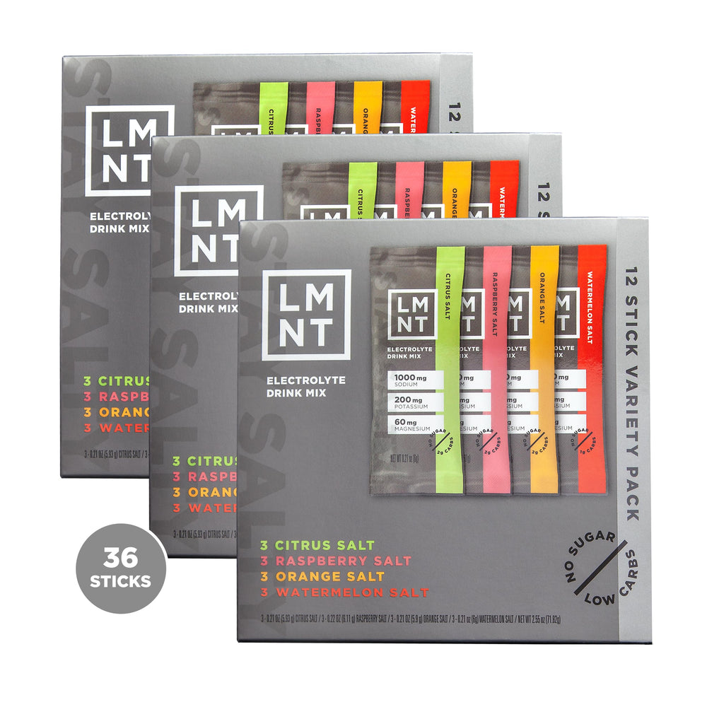 LMNT Zero Sugar variety-pack box front for on-the-go hydration