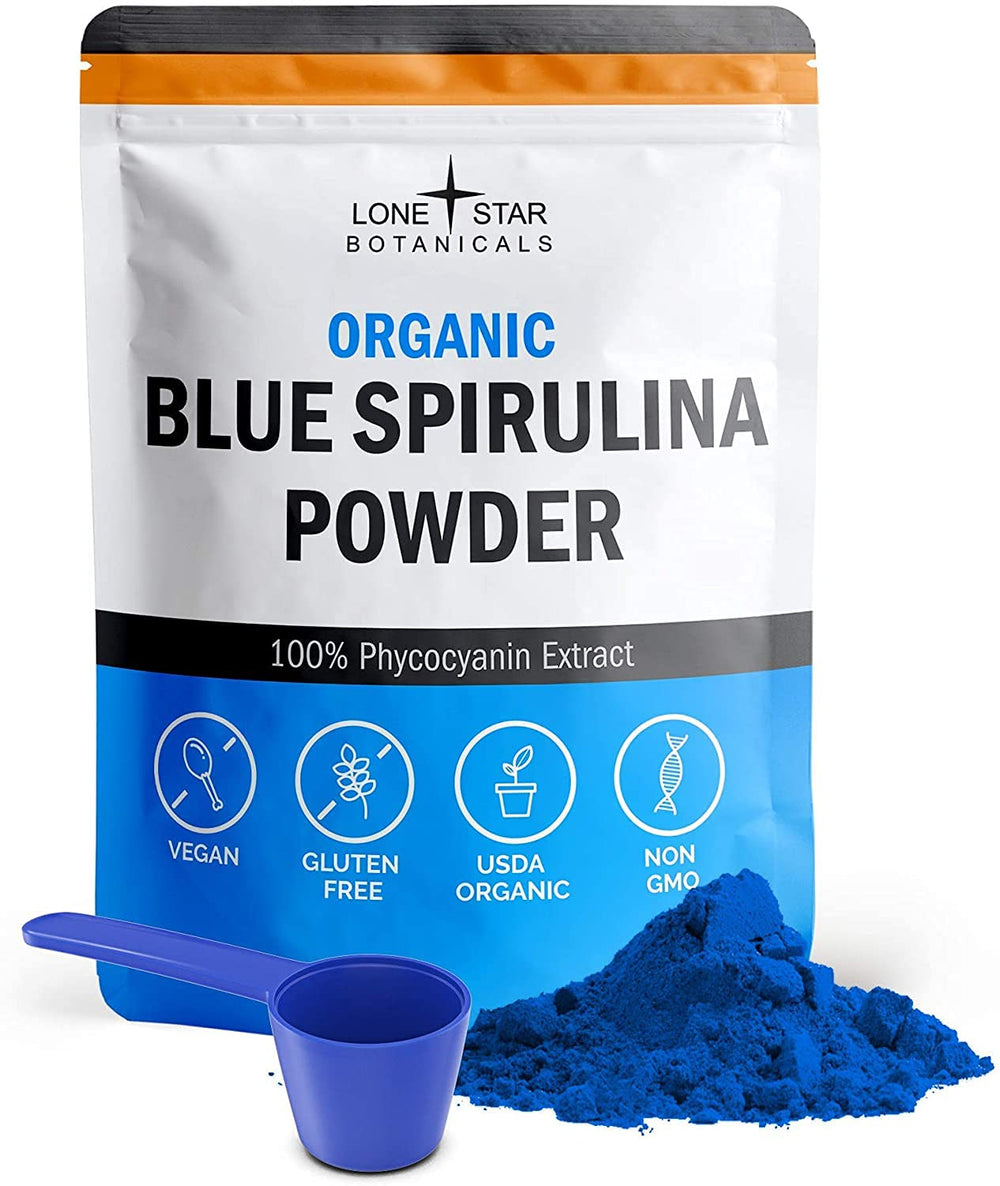 Lone Star Botanicals blue spirulina powder bottle showing pure vegan superfood.