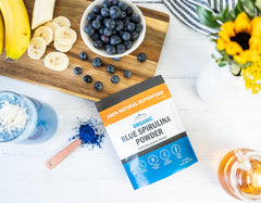 Close-up of Lone Star Botanicals blue spirulina powder with vibrant color.