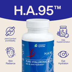 Longevity by Nature H.A.95 bottle back with ingredients for daily joint, skin and hair support.