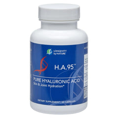 Longevity by Nature H.A.95 bottle front promoting skin hydration and joint support.