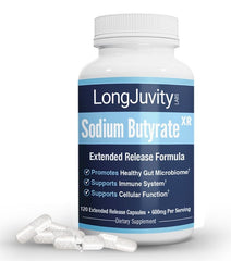 LongJuvity Sodium Butyrate 300mg bottle on a countertop for daily gut support.