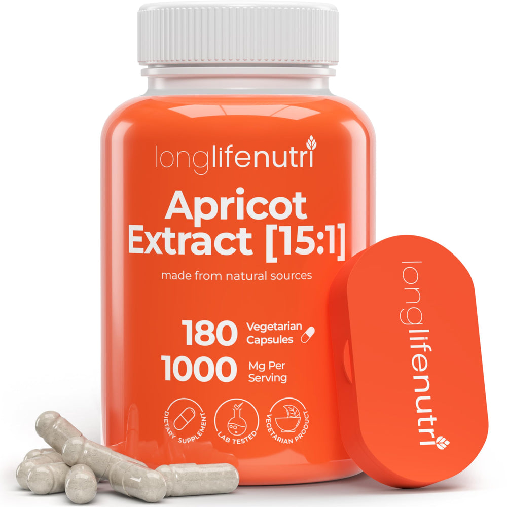 LongLifeNutri apricot extract bottle showing 1000mg per serving for daily vitality