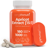 LongLifeNutri apricot extract bottle showing 1000mg per serving for daily vitality