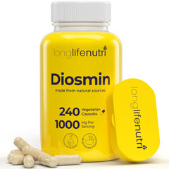 LongLifeNutri Diosmin 1000mg bottle shown, highlighting advanced formula for daily circulation support