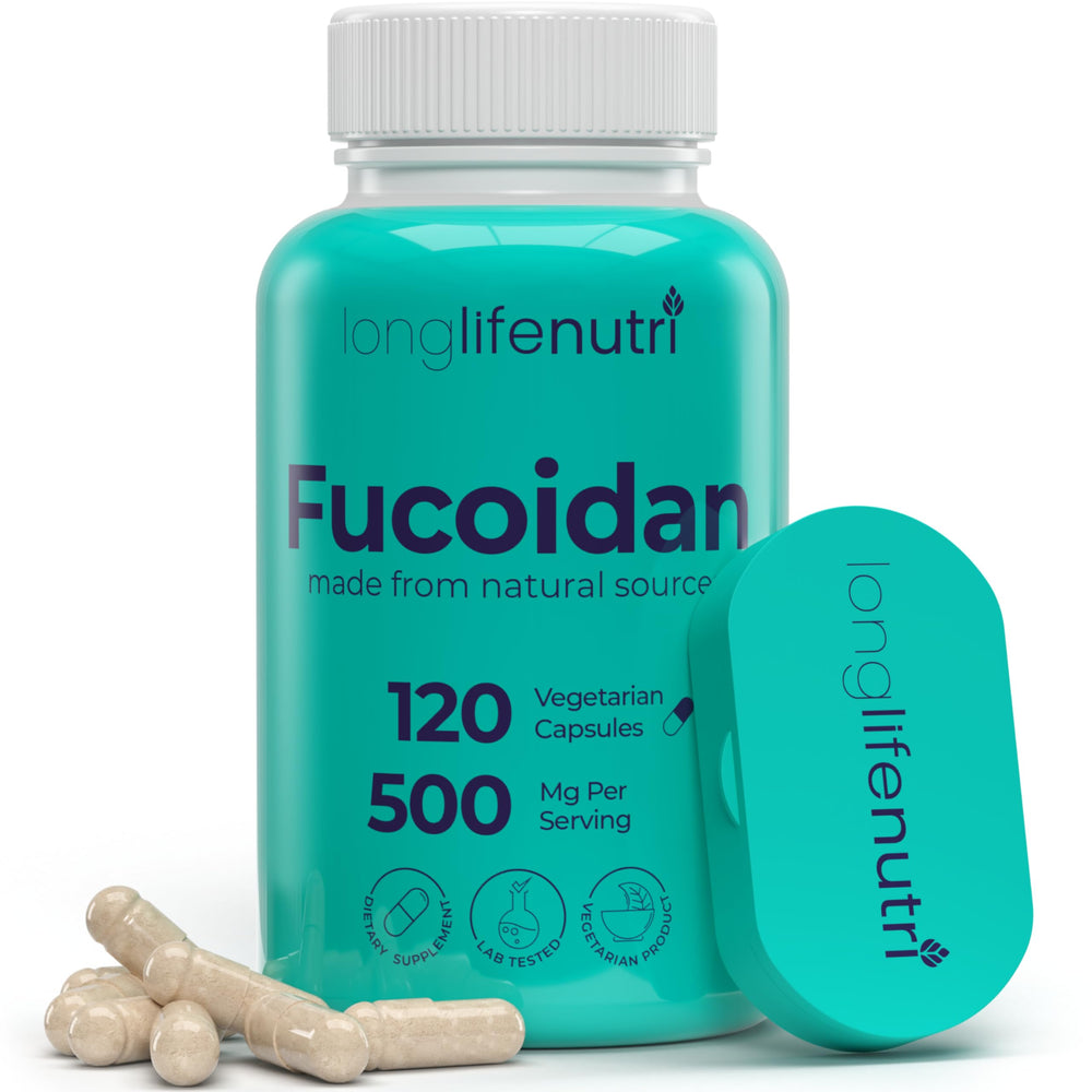 LongLifeNutri Fucoidan bottle front showcases high-purity seaweed extract for daily energy