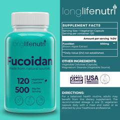 LongLifeNutri Fucoidan bottle side view highlights convenient 120-capsule supply