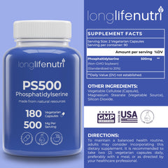 LongLifeNutri PS Pure 500mg capsules close-up for daily focus.