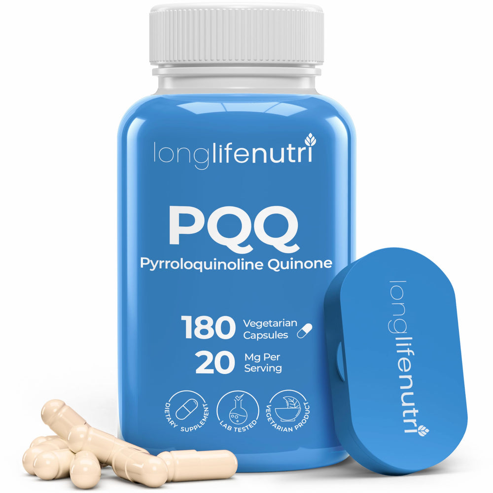 LongLifeNutri PQQ 20mg bottle front for daily energy support.