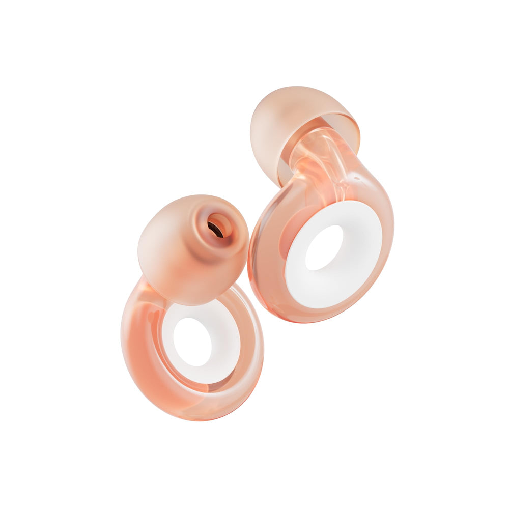Loop Engage 2 Plus earplugs in rose close-up demonstrating discreet noise relief for conversations.
